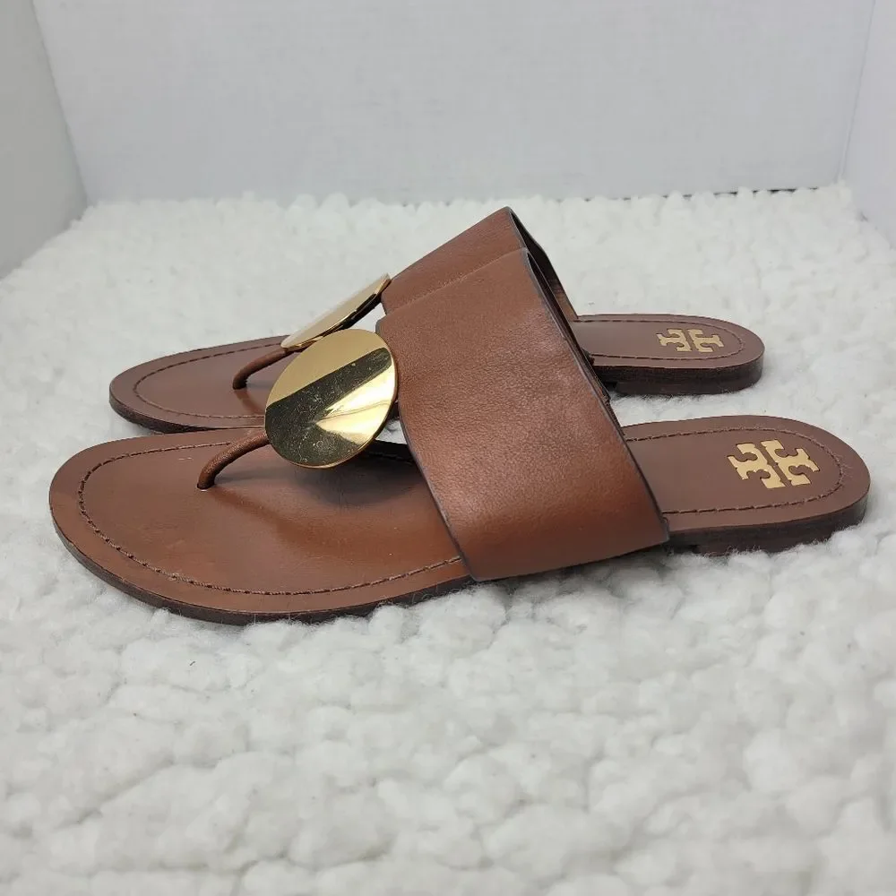 Tory Burch Patos Disk Womens Flip Flops Sandals Size 8.5 Brown Leather